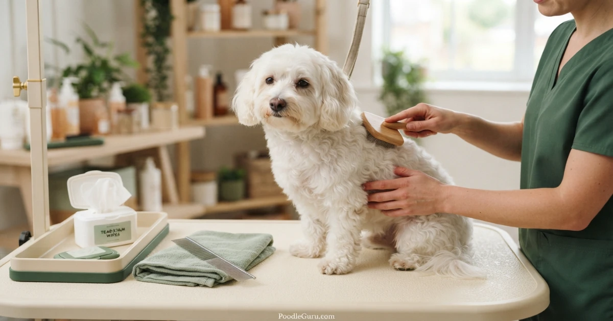Eskapoo being brushed on grooming table with slicker brush and tear stain wipes nearby