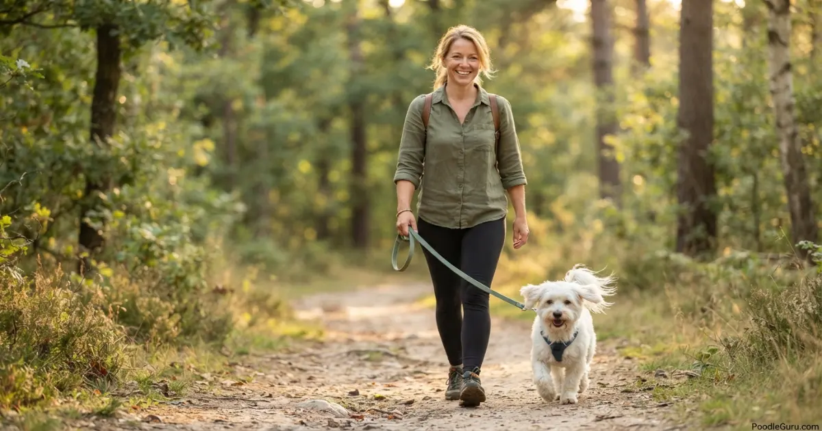 Eskapoo trotting beside owner on a sunlit nature trail during golden hour