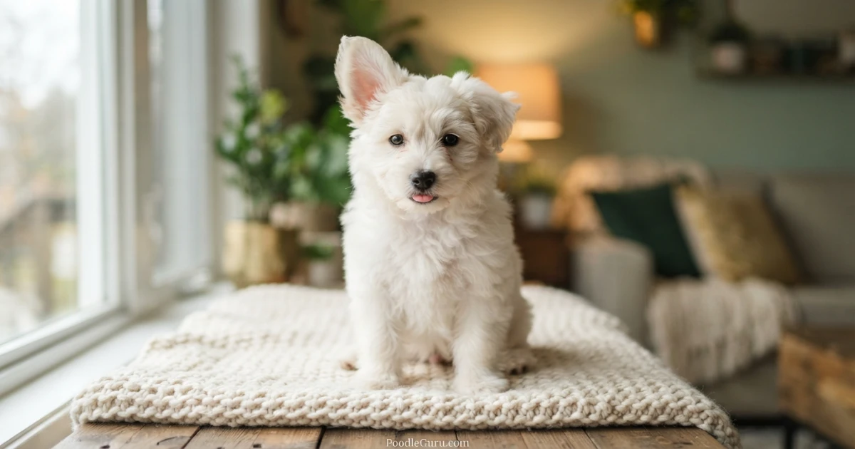 10-week-old Eskapoo puppy with fluffy white coat sitting on cream blanket in natural light