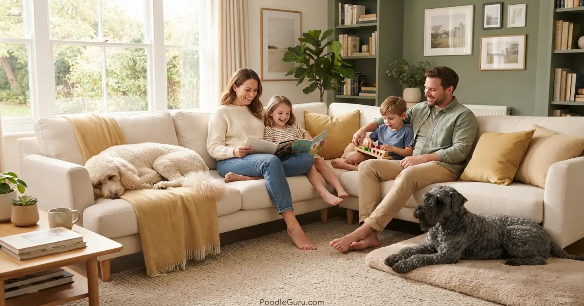Family relaxing with a Poodle and a Kerry Blue Terrier, representing a successful breed match