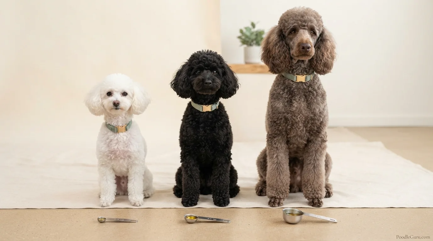 Toy Miniature and Standard Poodles with measuring spoons for fish oil dosing comparison