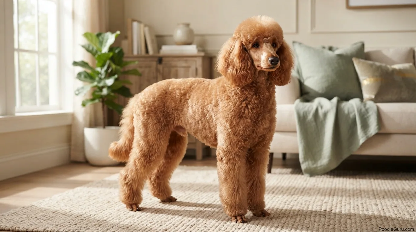Apricot Standard Poodle with a glossy healthy coat demonstrating omega-3 coat support