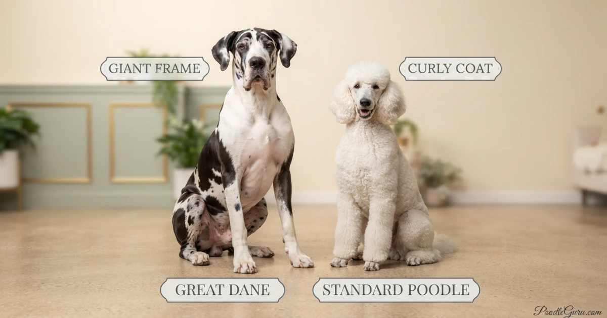 Great Dane and Standard Poodle side by side for Great Danoodle parent breed comparison