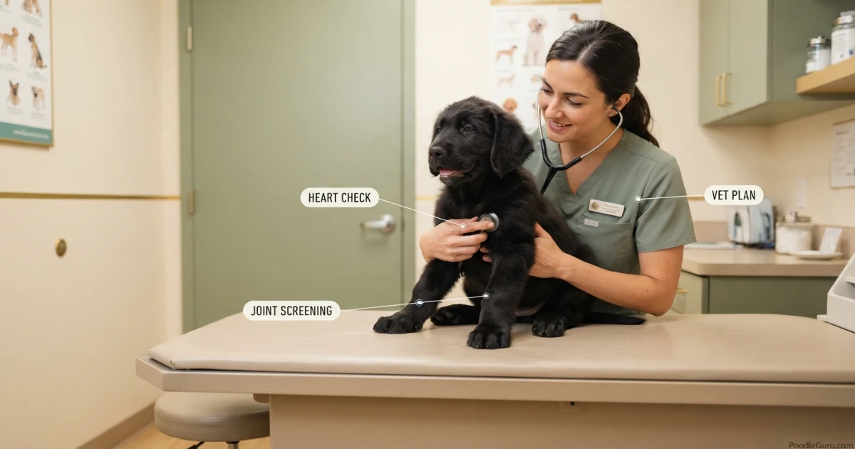 Veterinarian performing cardiac exam on Great Danoodle puppy