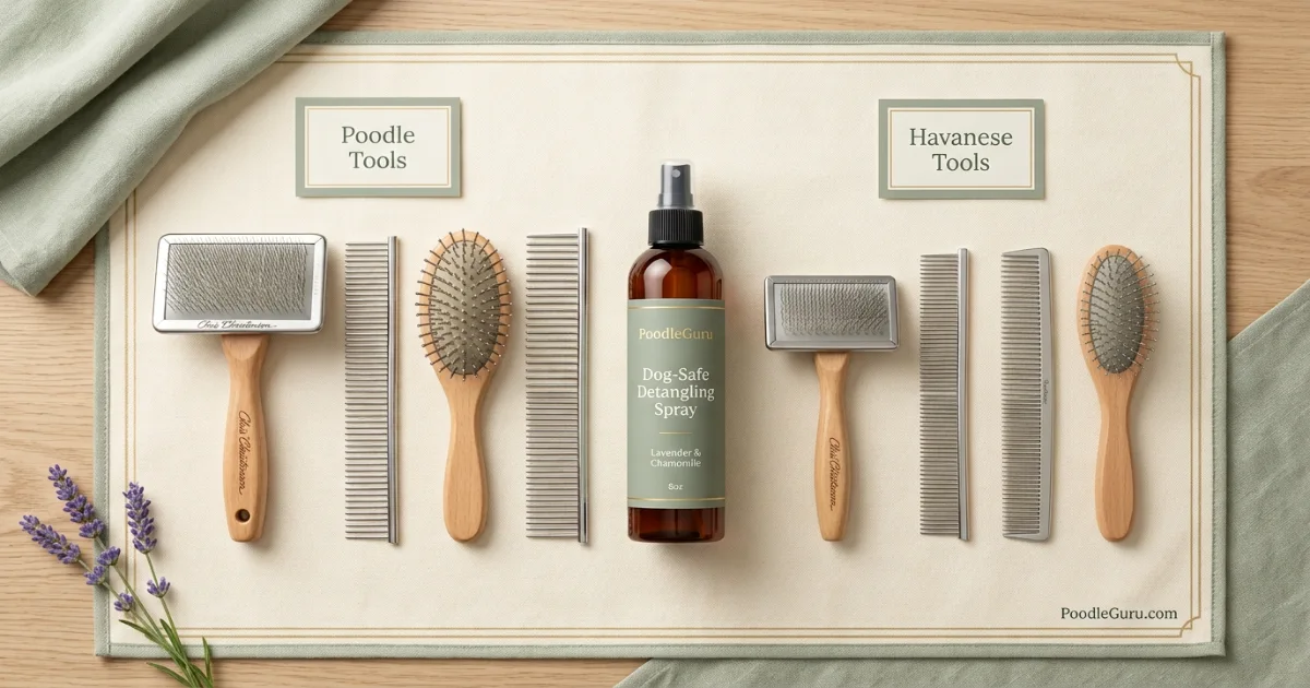 Poodle vs Havanese grooming tools including slicker brush comb pin brush and detangling spray