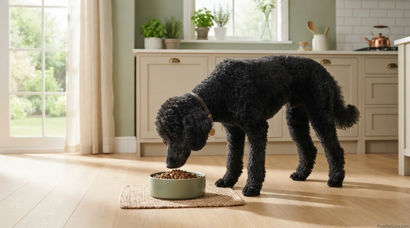 Black standard poodle happily eating dry food from a bowl in a sunlit room