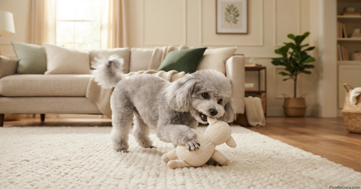 Joyful Toy Poodle playing with toy, representing successful seizure management and quality of life