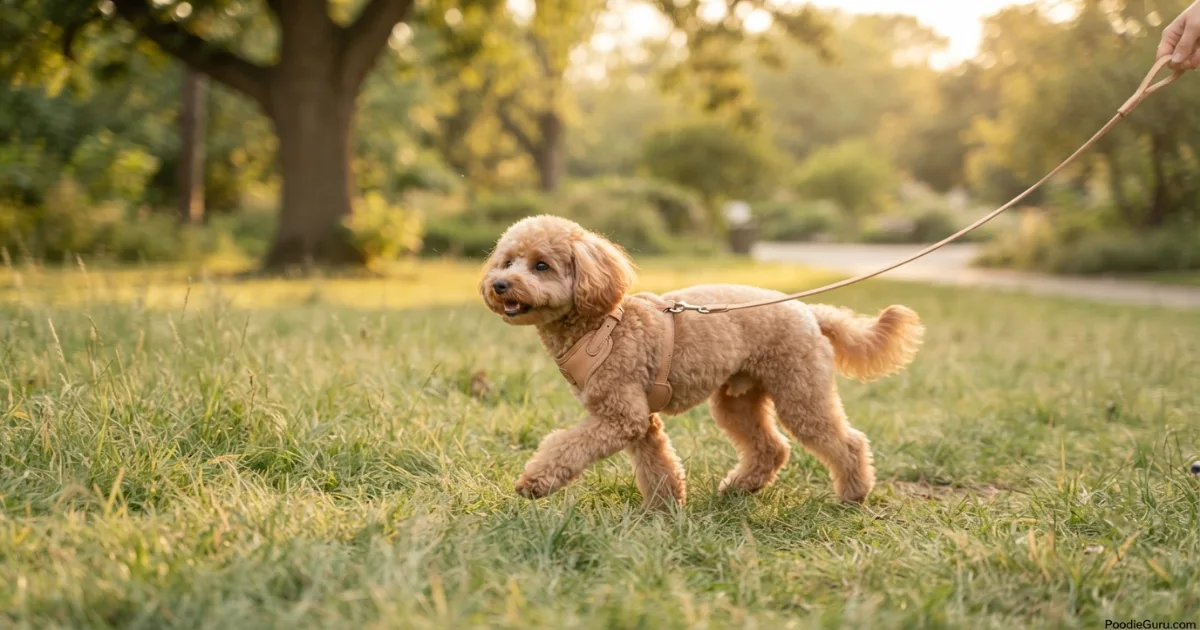 Happy Toy Poodle walking comfortably in a park, showing successful arthritis management