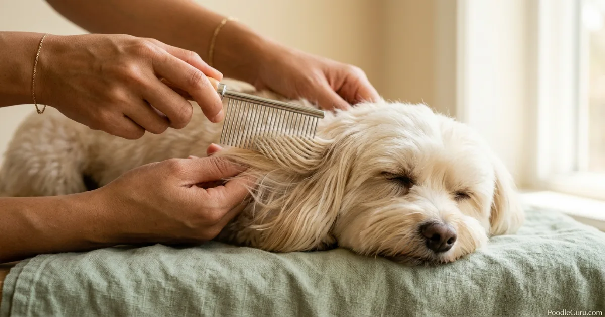 Owner gently combing Havanese silky ear hair to prevent mats