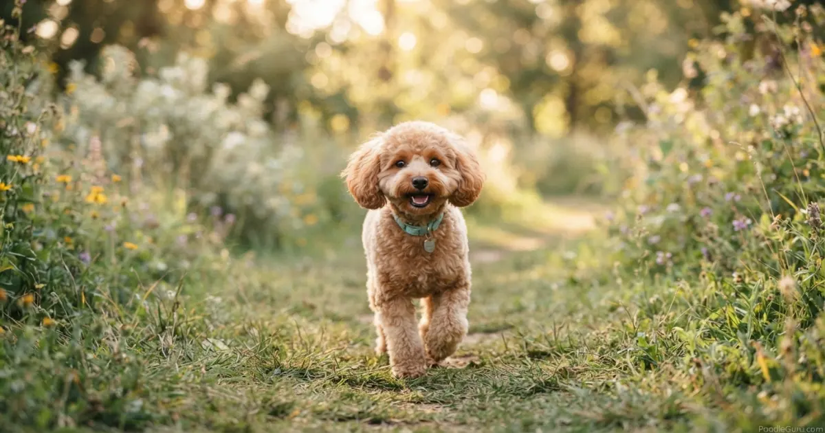 Healthy Toy Poodle trotting outdoors after successful pancreatitis recovery