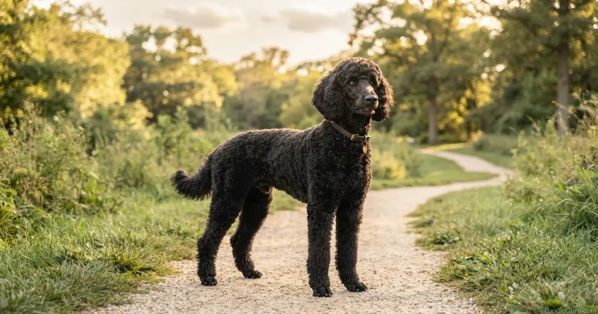 Healthy adult Standard Poodle standing confidently in a sunny park after full recovery