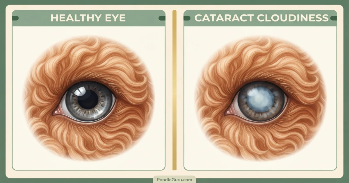 Comparison illustration of a clear healthy poodle eye next to one with a mature cataract showing cloudiness