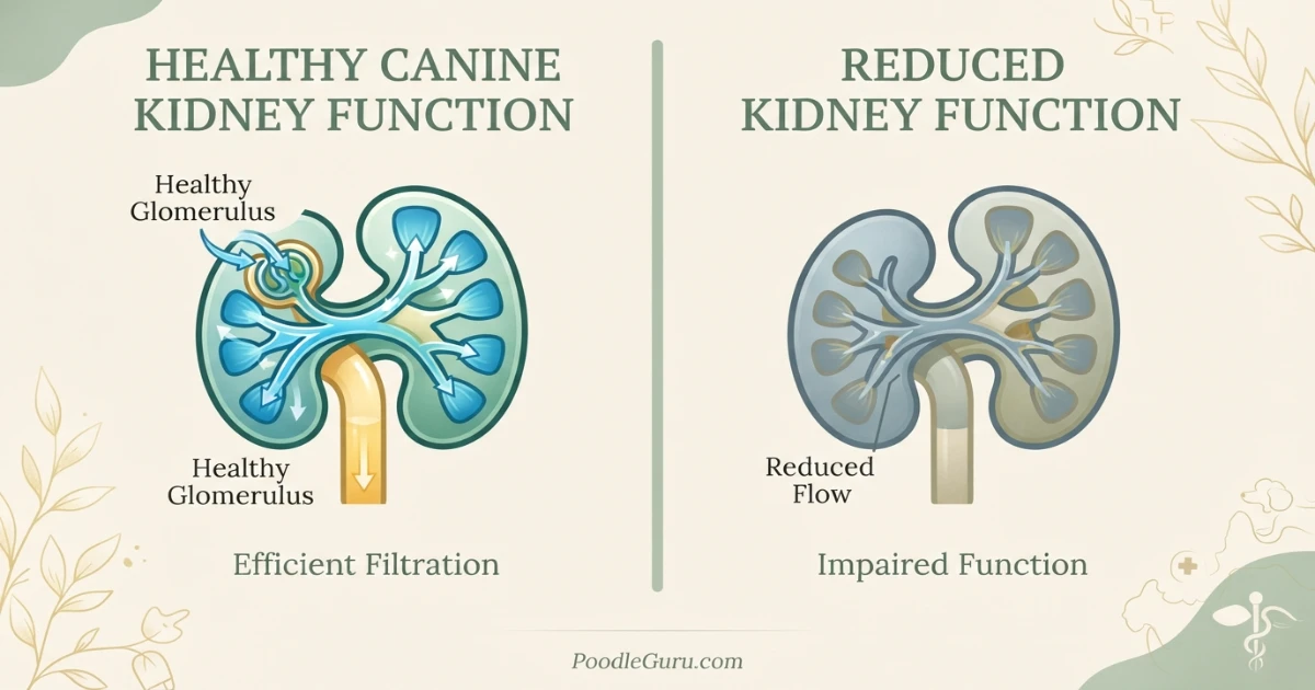 Educational illustration comparing healthy kidney function with reduced kidney function relevant to poodle kidney disease