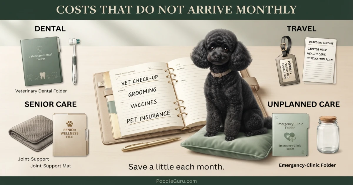 Hidden Poodle ownership costs organized in an annual planner for dental travel senior care and emergencies