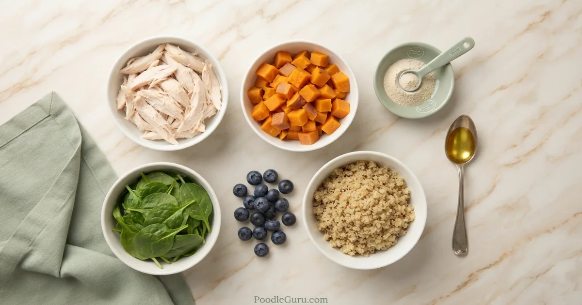 Fresh ingredients for homemade poodle food arranged on marble surface