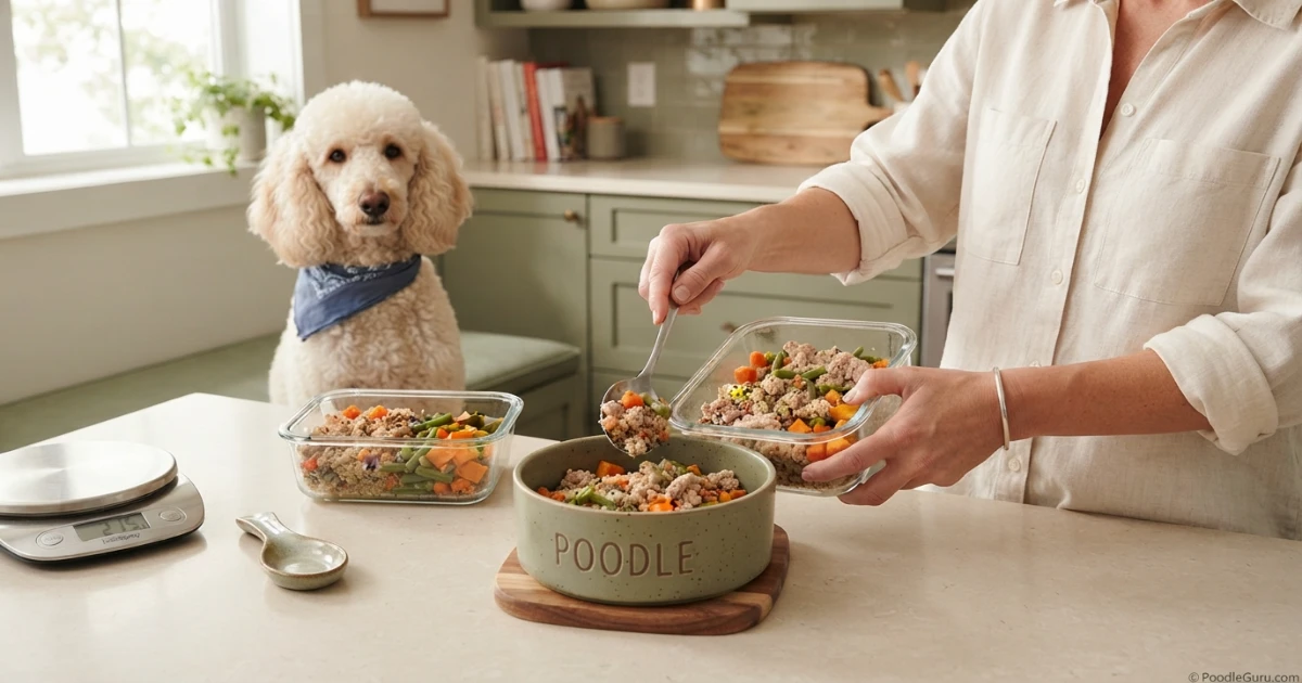 Hands serving homemade dog food into a bowl with a poodle looking on