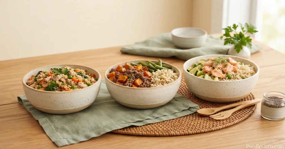 Three bowls of different homemade poodle food recipes on a wood table