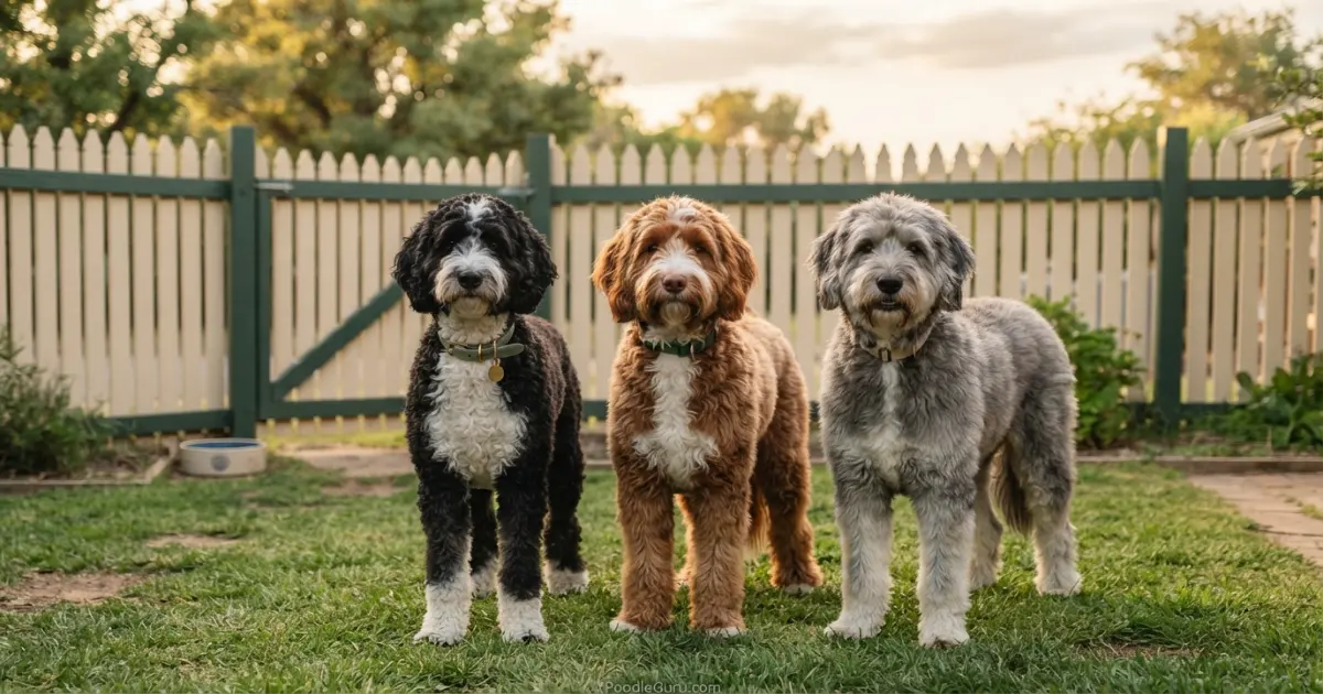 Black, red, and gray Huskydoodle dogs showing coat diversity