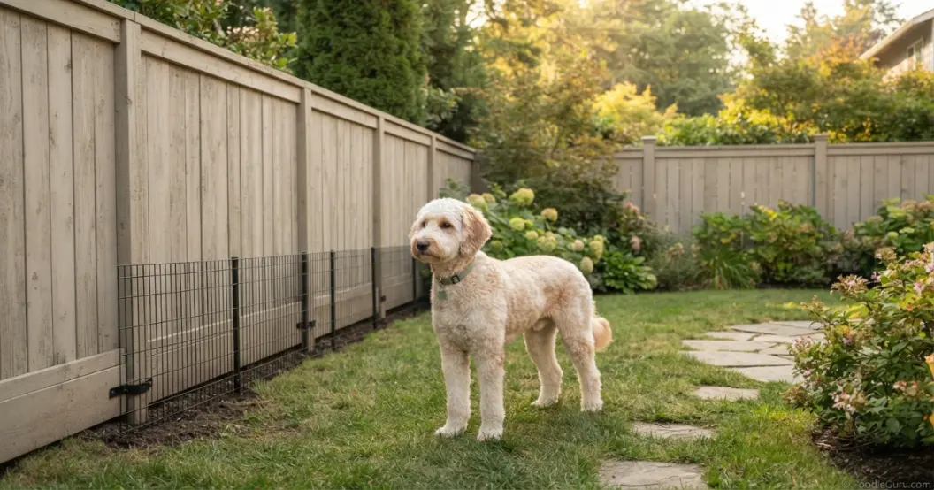 Huskydoodle behind a secure tall wooden fence