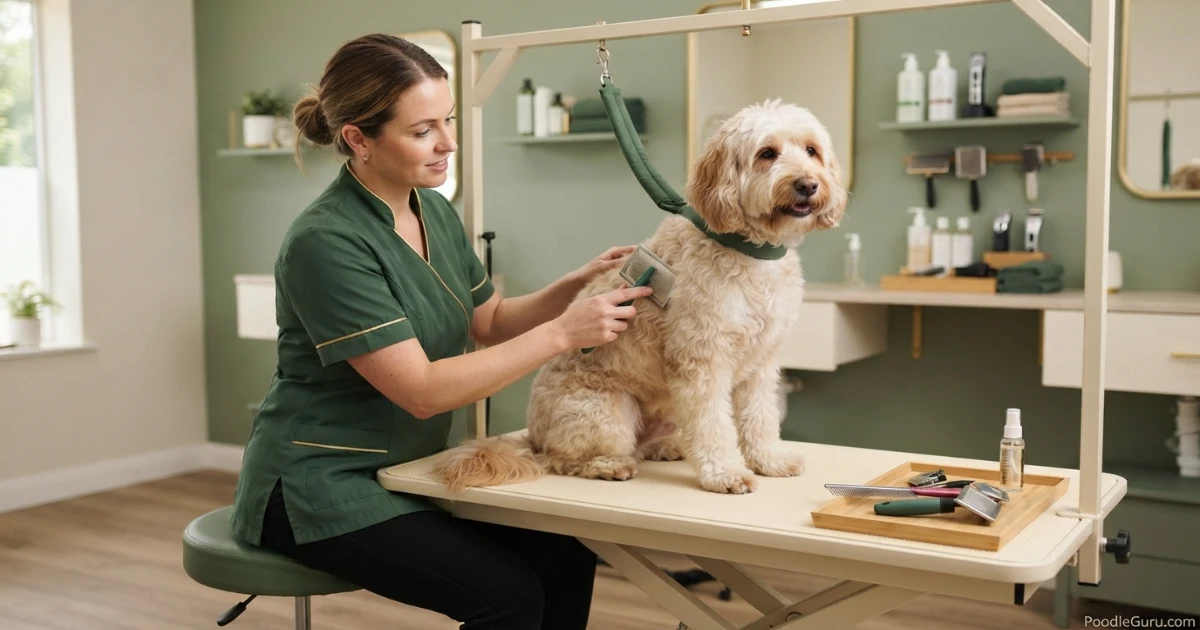 Groomer brushing a Huskydoodle's coat