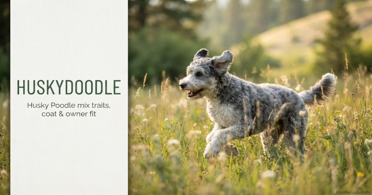 Gray and white Huskydoodle dog moving through grass for a Huskydoodle owner guide