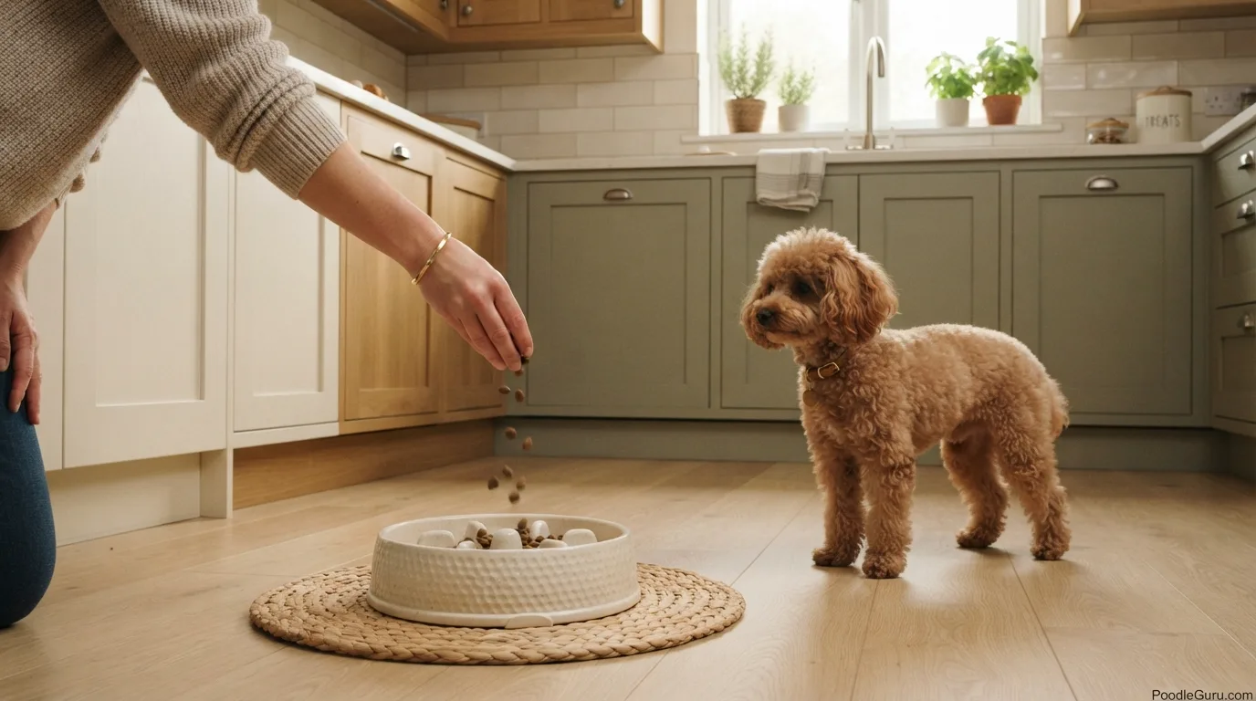 Introducing a Toy Poodle to a slow feeder bowl with a few kibbles