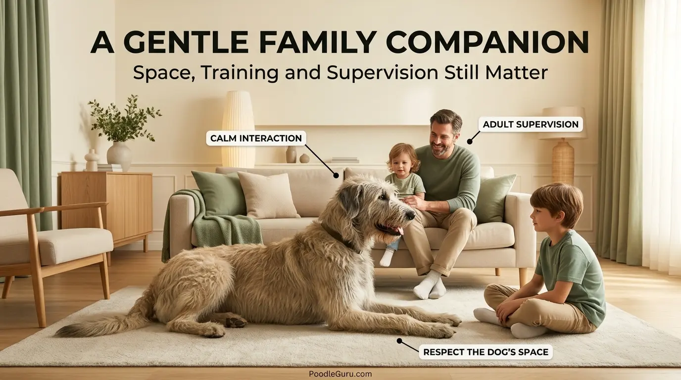 Irish Wolfadoodle with family and children in a safe home setting