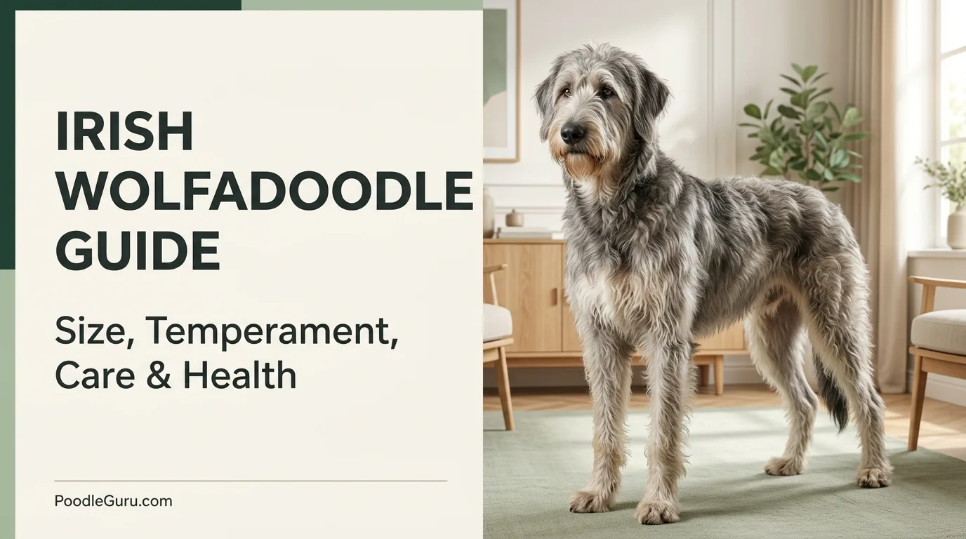 Irish Wolfadoodle dog breed guide hero image showing a large Poodle mix
