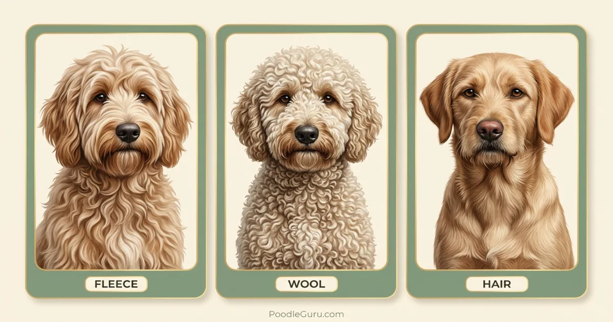 Three Labradoodle coat types shown side by side: fleece, wool, and hair textures