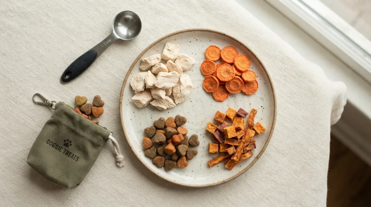 Assortment of low-calorie dog treats including freeze-dried and soft chews