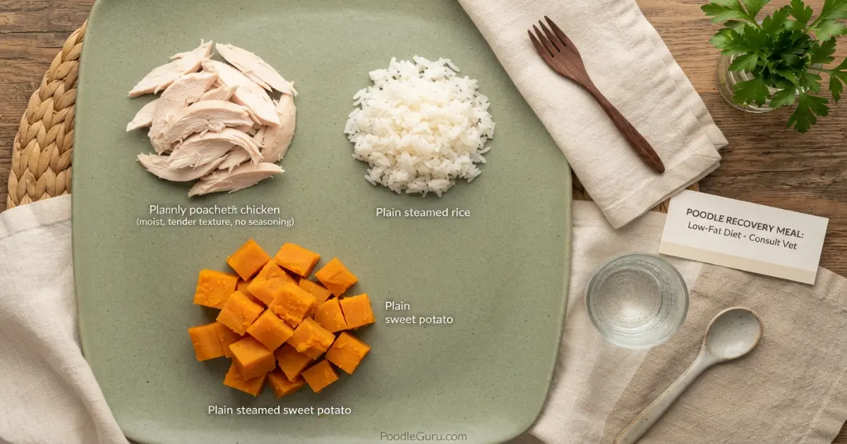 Low-fat poodle diet ingredients — chicken breast, sweet potato, and white rice for pancreatitis recovery