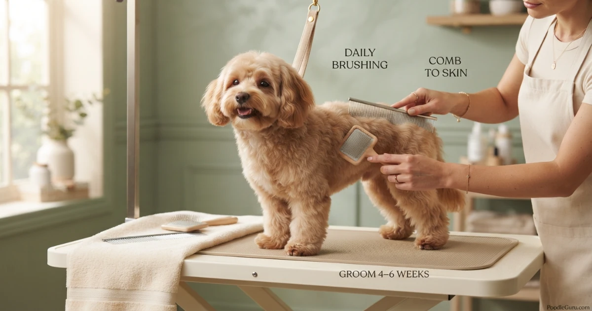 Malshipoo being gently brushed on grooming table for coat care routine