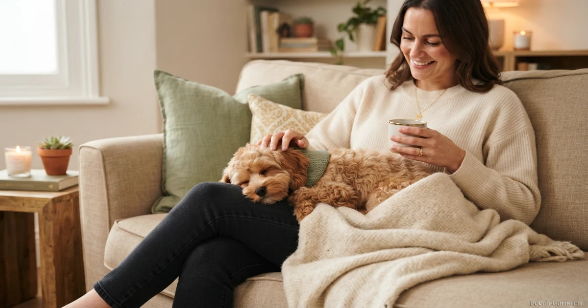 Malshipoo curled on owner lap showing affectionate companion temperament