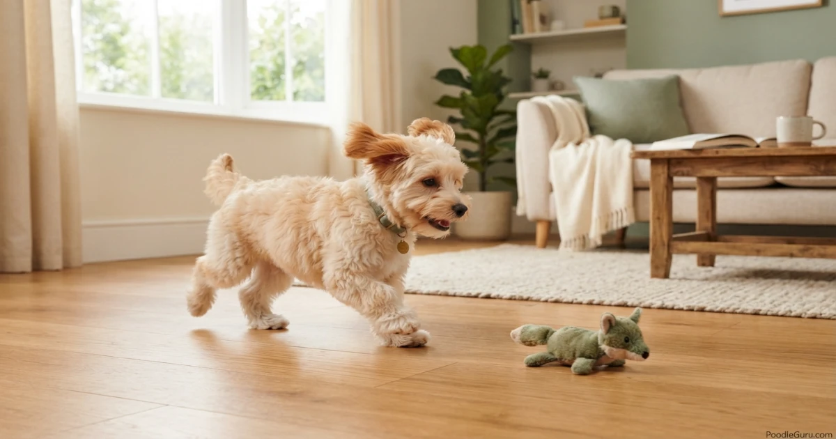 Malshipoo playing indoors with soft toy for daily exercise
