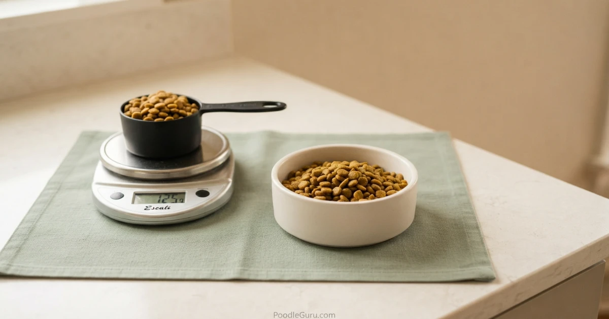 Measuring cup with kibble for precise poodle weight loss diet