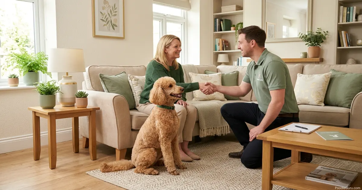 Owner introducing poodle to a potential pet sitter in a living room