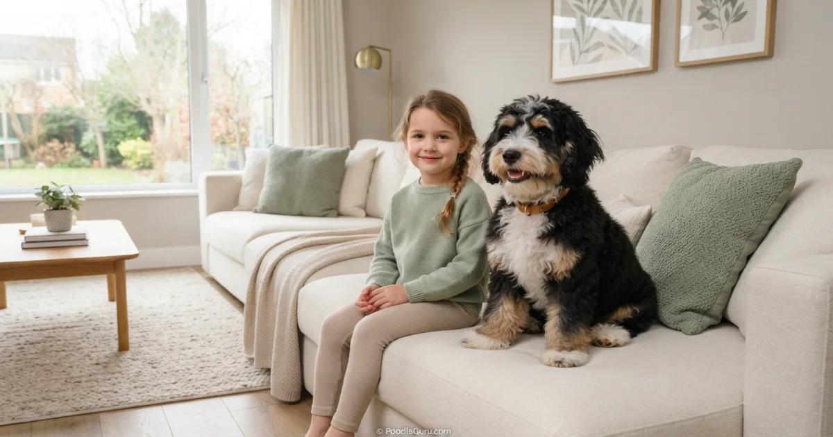 Mini Bernedoodle sitting calmly beside a child on a cream sofa in natural light