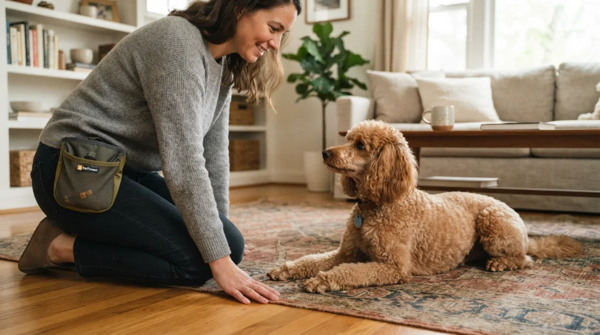 Miniature poodle performing a down-stay during training with owner wearing a treat pouch