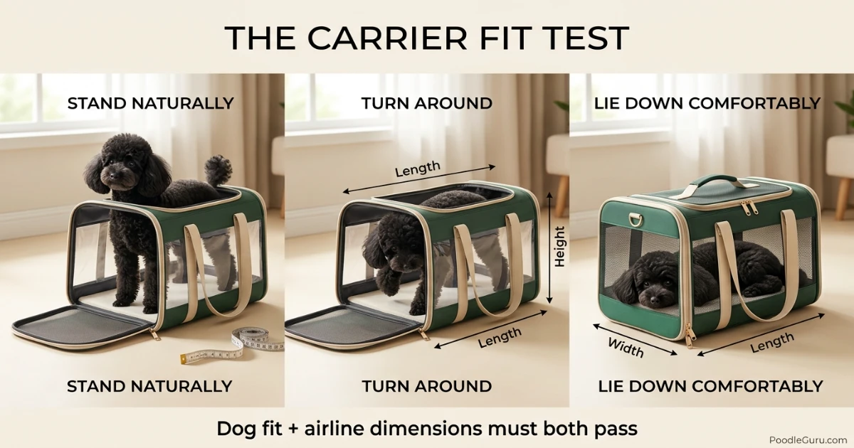 Miniature Poodle completing a stand turn and lie-down fit test inside a soft airline carrier