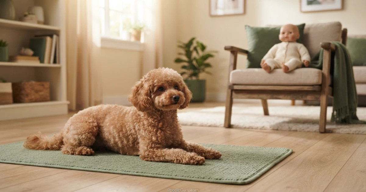 Miniature Poodle practicing calm mat stays near a toy baby doll during baby preparation training
