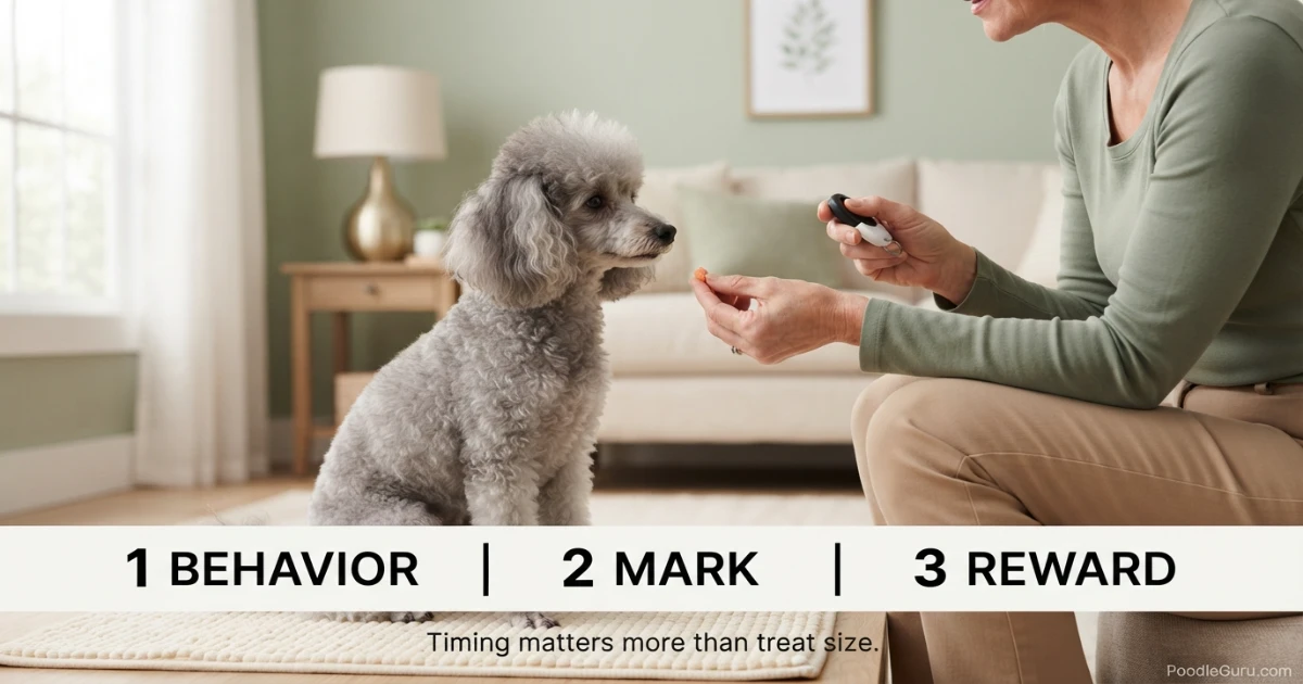 Miniature Poodle learning a bow trick safely on a non-slip mat