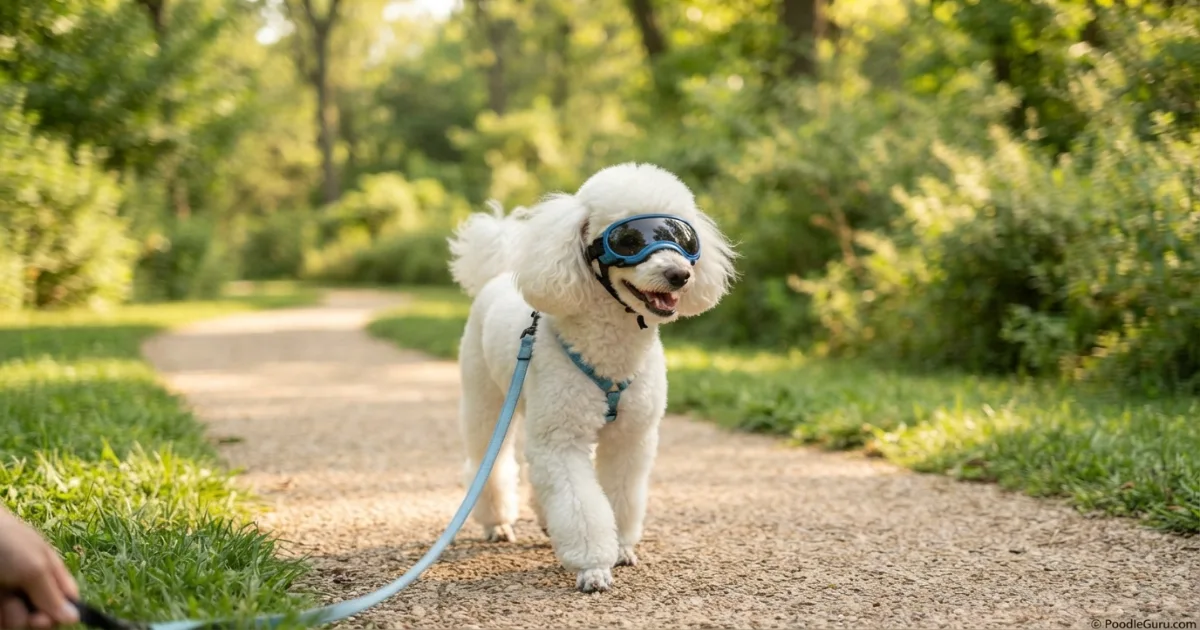 White Miniature Poodle wearing protective dog goggles outdoors for eye safety and UV protection