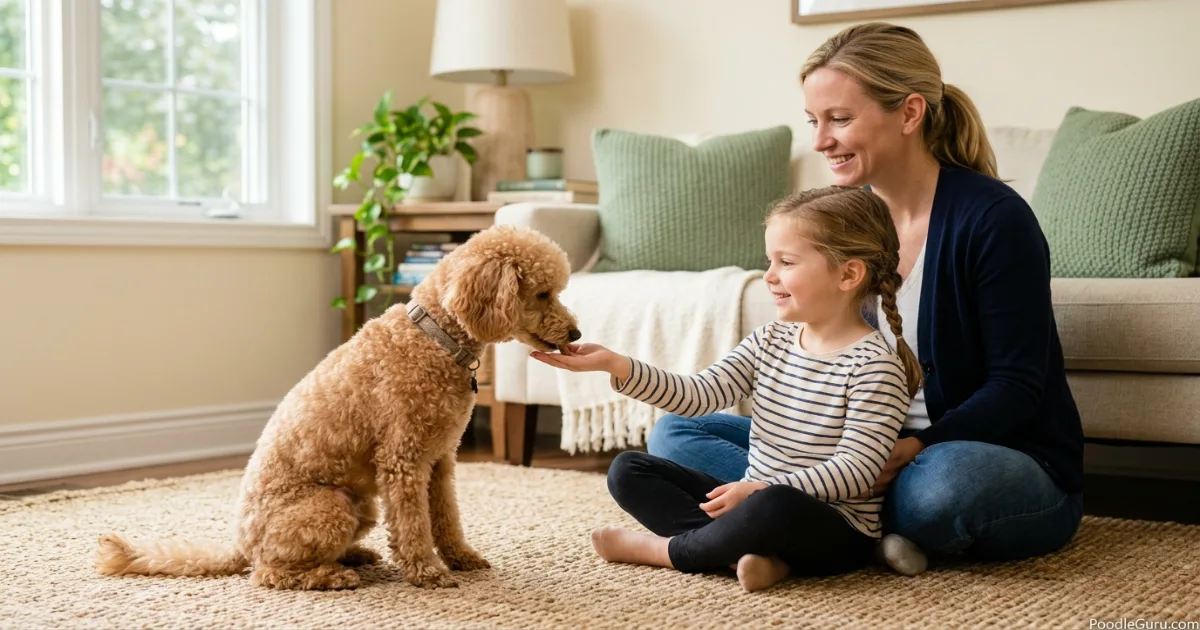 Miniature Poodle gently interacting with a supervised child in a family room