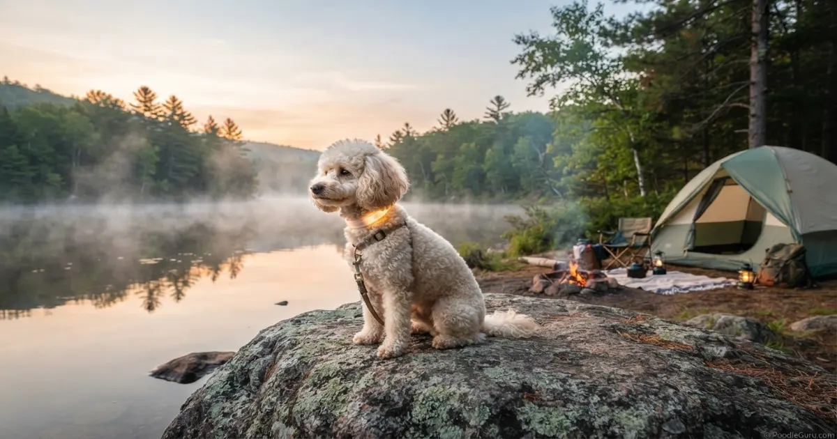 Miniature Poodle wearing an LED collar at a lake campsite while camping with a dog