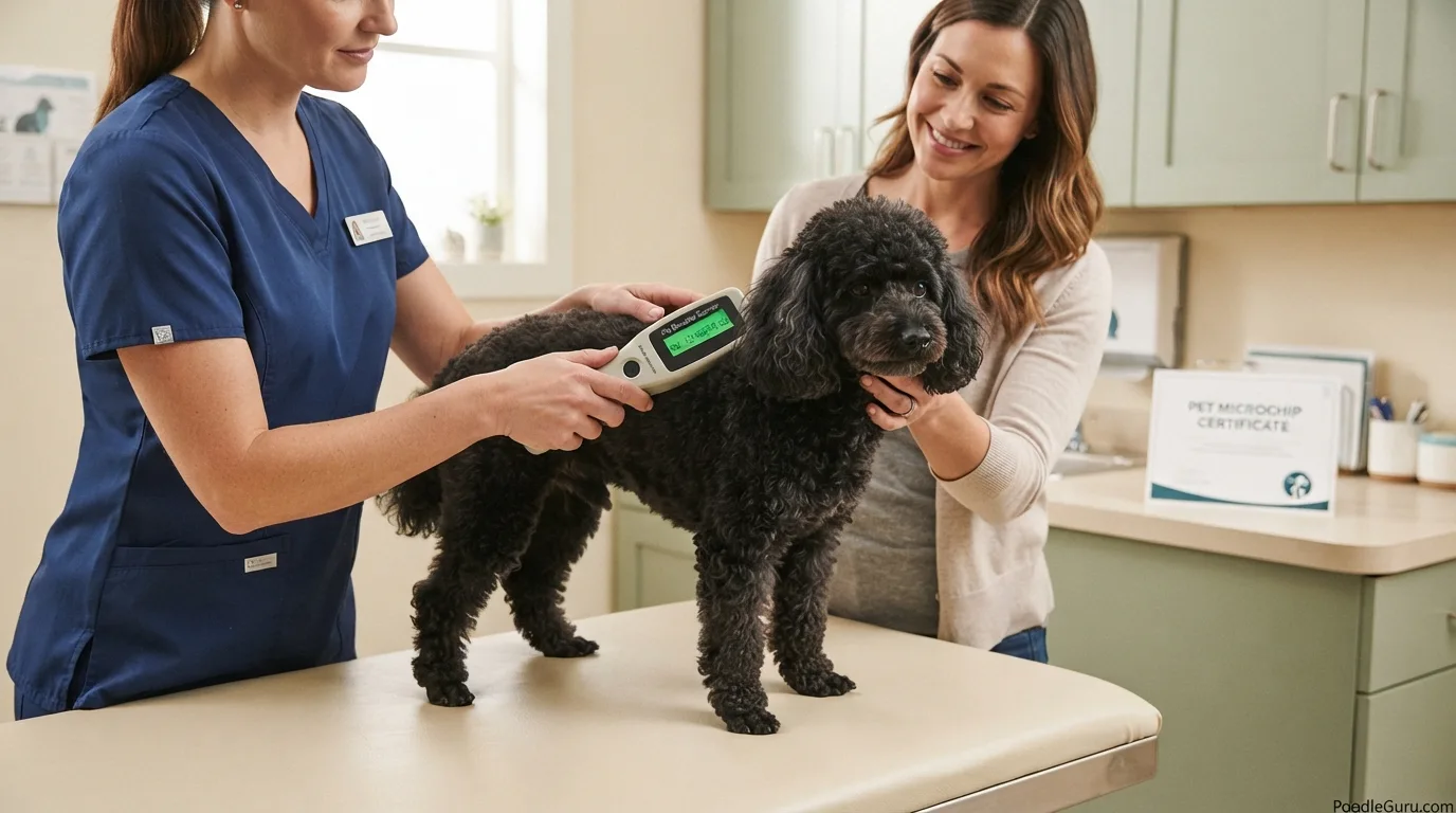 Veterinary technician checking a Miniature Poodle with a universal microchip scanner