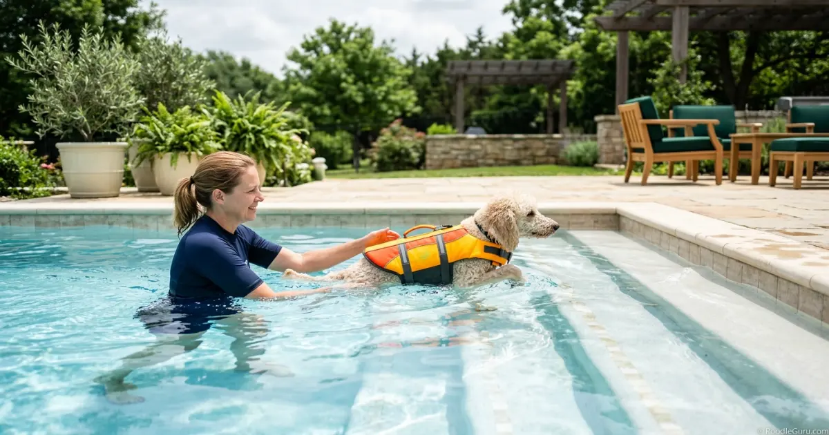 Miniature Poodle practicing pool exit steps for poodle pool safety