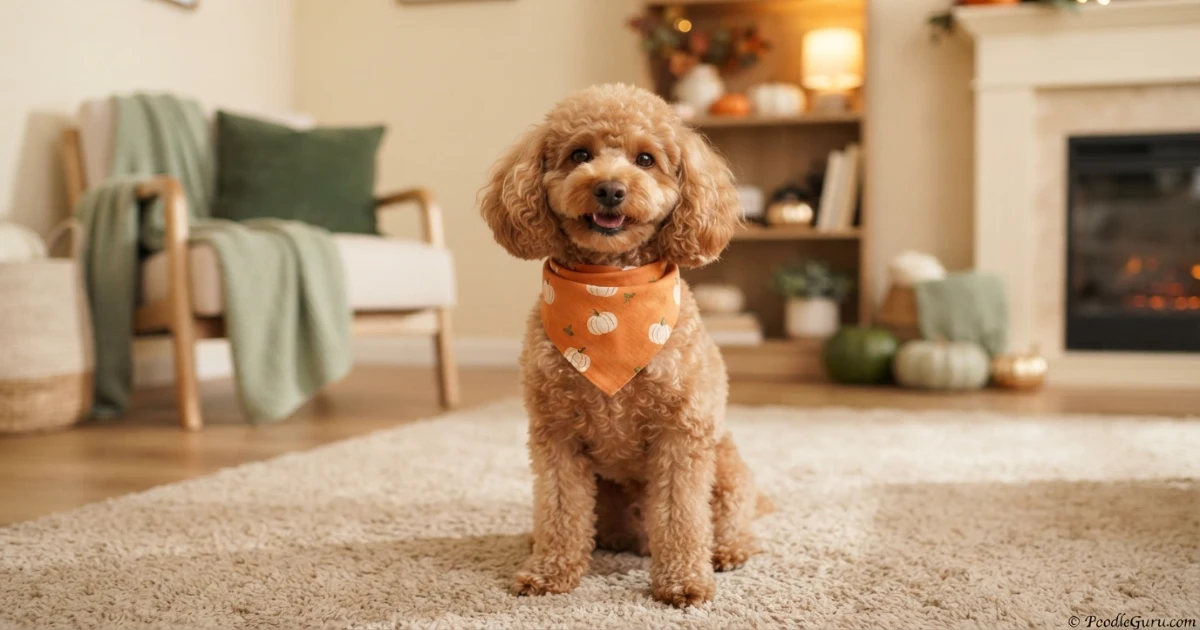 Miniature Poodle wearing a simple pumpkin bandana Halloween costume indoors