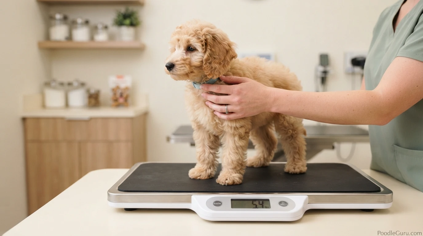 Miniature Poodle puppy standing on a vet scale for feeding portion checks