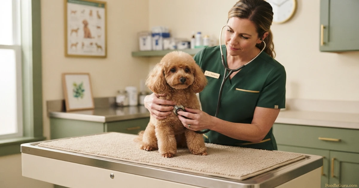 Veterinarian examining a Miniature Poodle, representing routine care that pet insurance helps cover