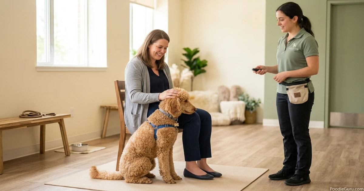 Miniature Poodle practicing a gentle visit command during therapy dog training
